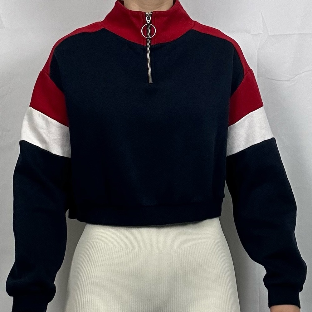 H&M divided blue red and white cropped sweater